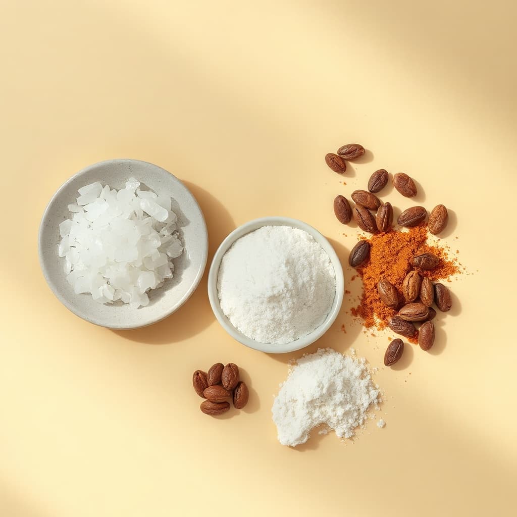 Raw ingredients: salicylic acid, baking soda, niacinamide, and caffeine